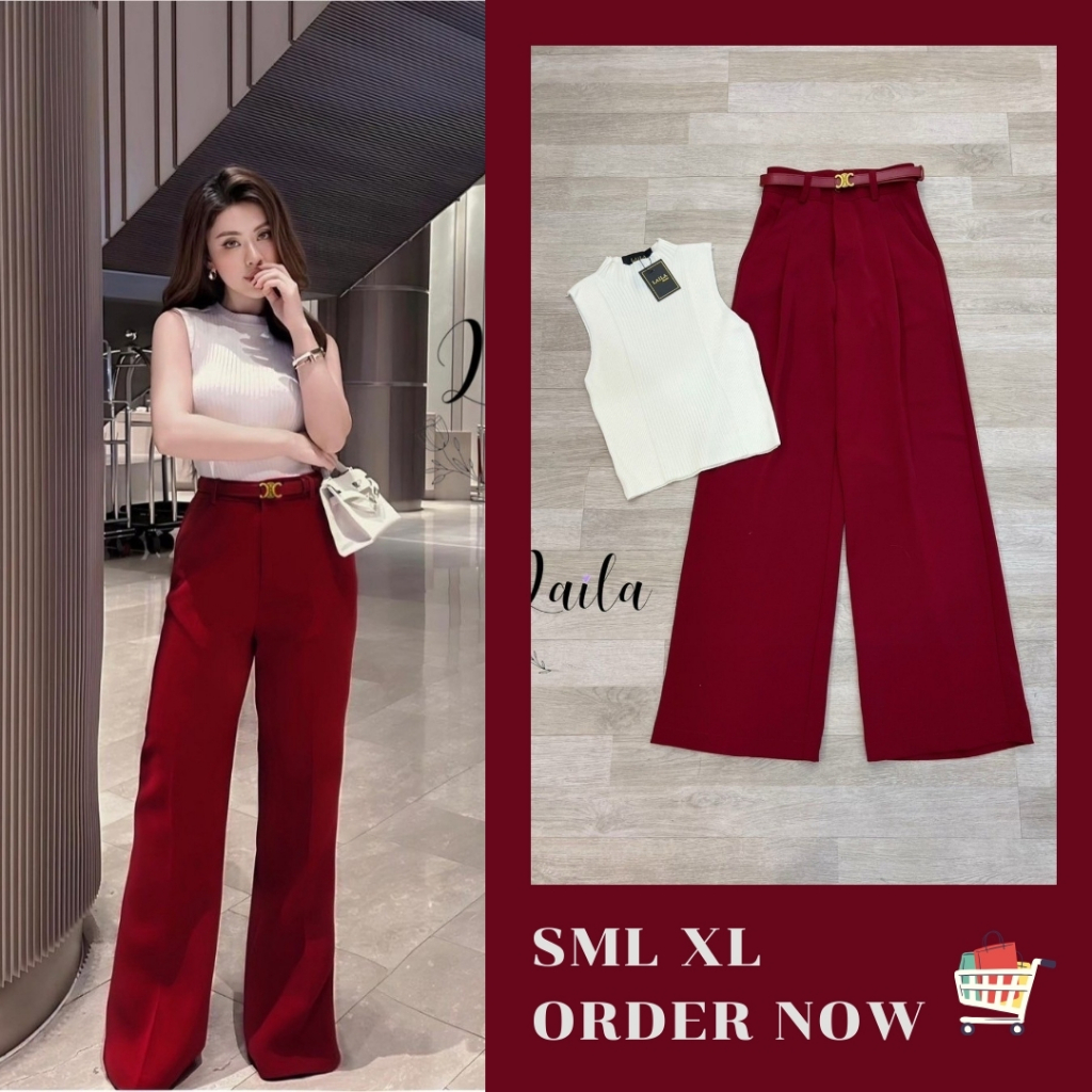 S-XL ชุดเซ็ทเรียบๆแต่ดูดี มีเทสต์ เซตเสื้อแขนกุด + กางเกงขายาวสีแดง พร้อมเข็มขัด งานป้าย Laila