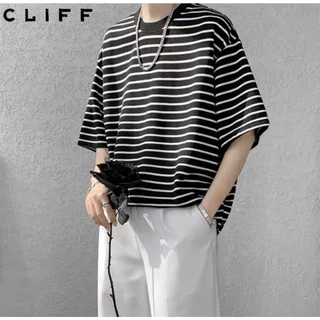 CLIFF -COD✅เสื้อยืดผู้ชาย แขนสั้นลายทาง เสื้อคอกลม เสื้อผ้าผู้หญิง ชุดคู่รัก แบบหลวม แมทช์ลุคง่าย
