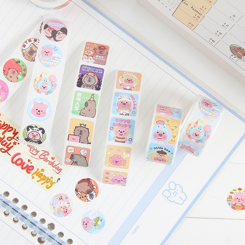 สติ๊กเกอร์ม้วนเทป 3 เมตร ชุด 4 ม้วน Sticker tape ลายการ์ตูนคาปิบาร่า Capybara ลายลูปี้ สําหรับตกแต่งสมุด
