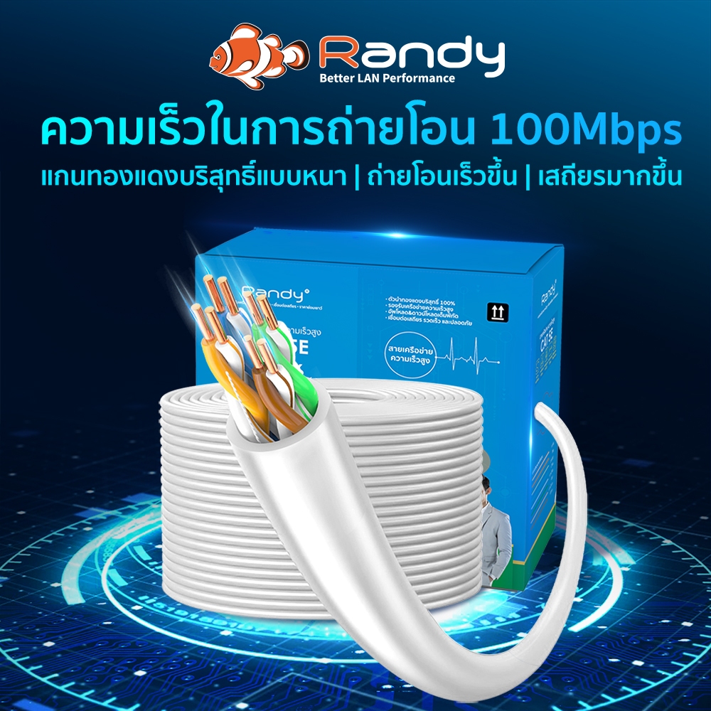 RANDY [CAT5E-100] สายเคเบิลอีเธอร์เน็ต ความเร็วสูง รองรับ 100Mbps -100เมตร สำหรับภายในอาคาร สายสีขาว