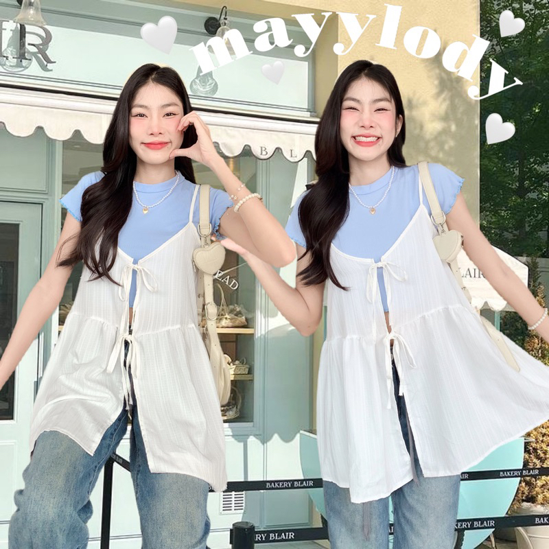 ❤️mayylody❤️ เสื้อสายเดี่ยว สไตล์เกาหลี ใส่เป็นเลเยอร์ตัวนอกน่ารักสุดๆ ผ้าเปลือกไม้นุ่มฟู อกถึง-38 นิ้ว