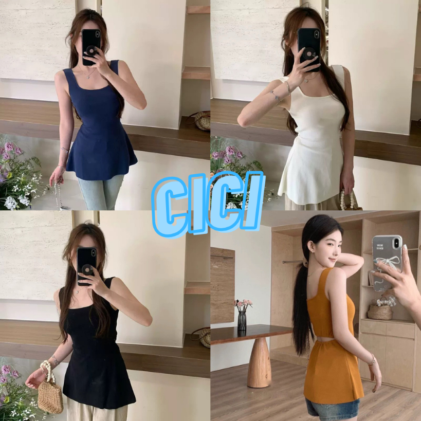 ส่งทันที Cici (NO. E407) สายเดี่ยวไหมพรมสีพื้น เข้ารูป ชายบาน สม็อคเว้าหลัง ทรงสวย