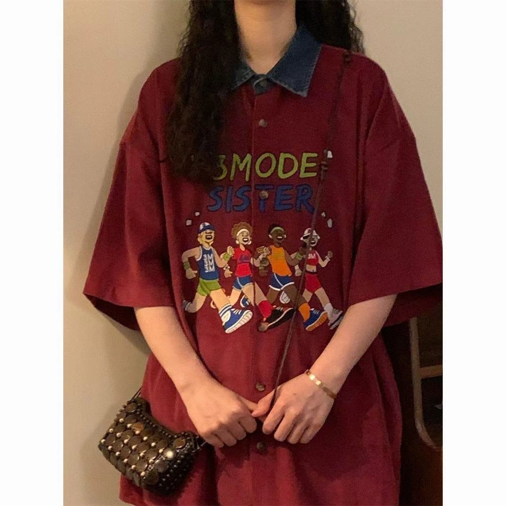 เสื้อเชิ้ต แขนสั้น พิมพ์ลายดอกไม้ โอเวอร์ไซส์ลายปัก ใส่ได้ทั้งหญิงและชาย Size M-XL
