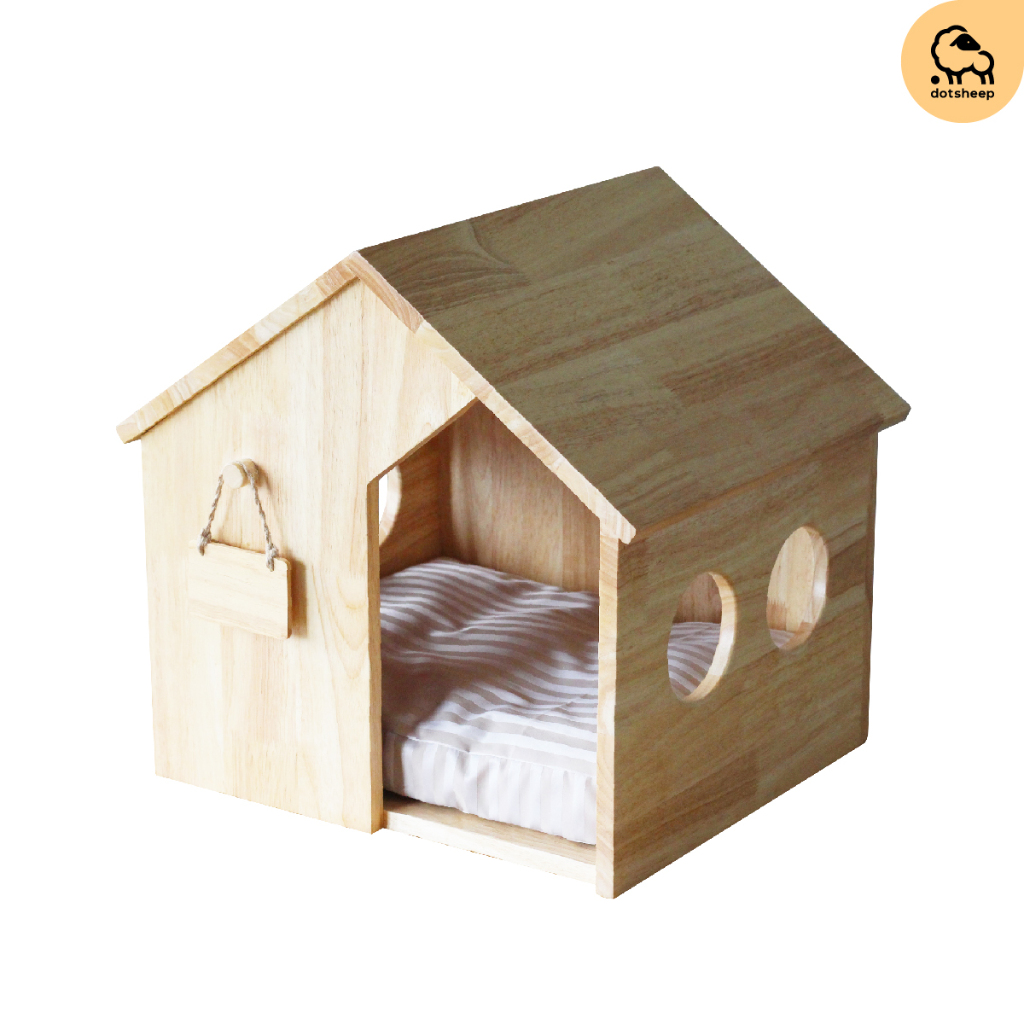 Dotsheep บ้านแมวไม้ หมาเล็ก เฟอร์นิเจอร์สัตว์ ที่นอนแมว น้องหมา เบาะนอนแมว หมาเล็ก + ป้ายชื่อไม้ 739