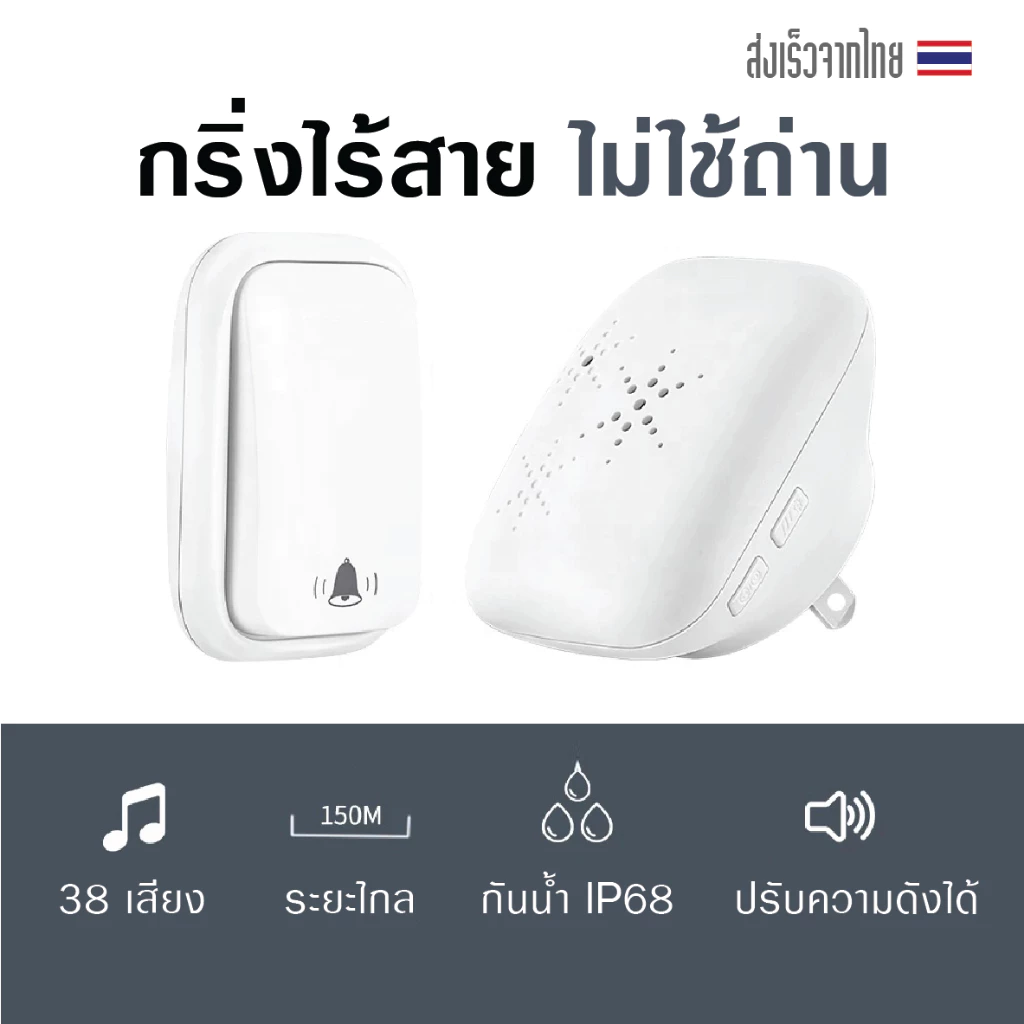 🔥ส่งด่วน🔥กริ่งไร้สาย กันน้ำทนแดด ออดไร้สาย กริ่งประตูบ้าน กริ่งติดหน้าบ้าน ไม่ใช้ถ่าน รับระยะได้ไกล เปลี่ยนเสียงได้