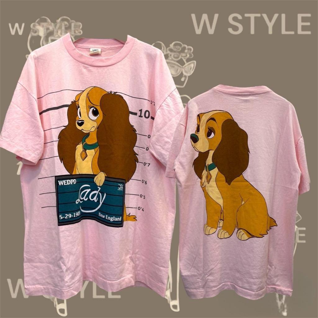 เสื้อยืด การ์ตูนวินเทจ90s น้องหมาเลดี้ ผ้าฟอกสีชมพู  Size L อก 42-44 ยาว 28 XL อก46-48 ยาว 29