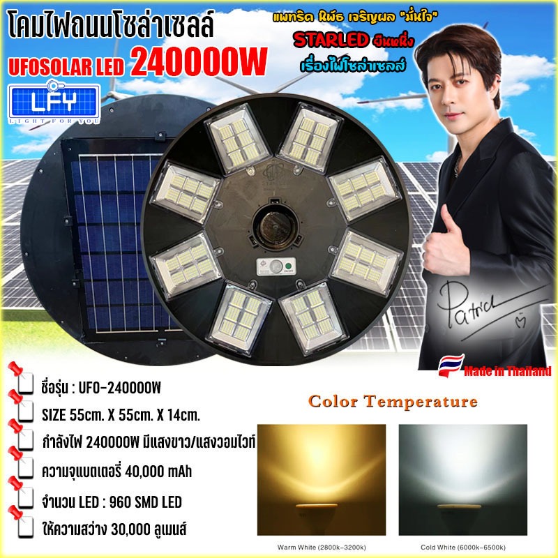 สว่างยันเช้า! UFO-240000W-W แสงขาว ไฟถนนโซล่าเซลล์ พลังงานแสงอาทิตย์ UFO Solar Light 8ทิศทาง