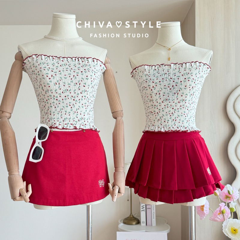 -𝐂𝐡𝐢𝐯𝐚- พร้อมส่ง Waffle top | เสื้อเกาะอกพิมพ์ลายดอก