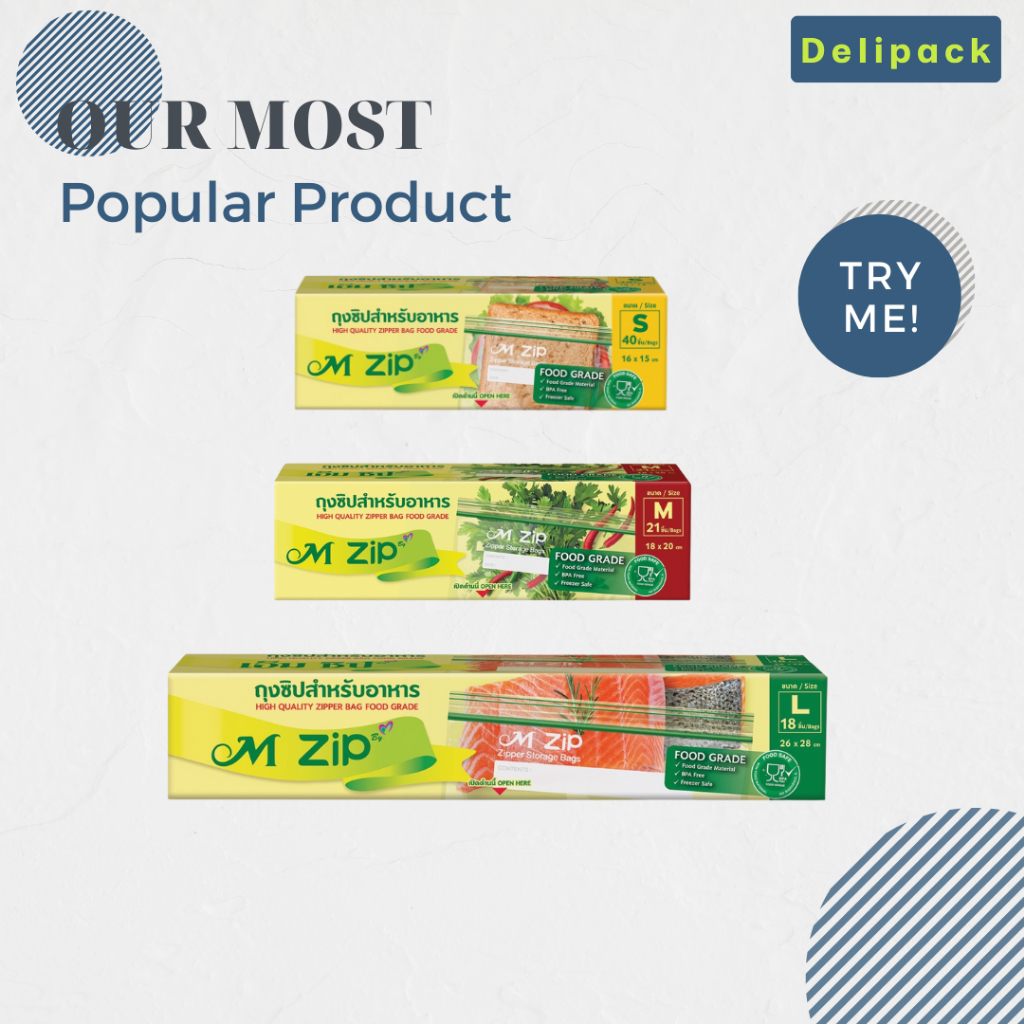 M Zip ถุงซิปสำหรับใส่อาหาร Food Grade มี 3 ขนาดให้เลือก ทนอุณหภูมิ -30 ถึง 100 องศา ซิปปิดแน่นสนิท