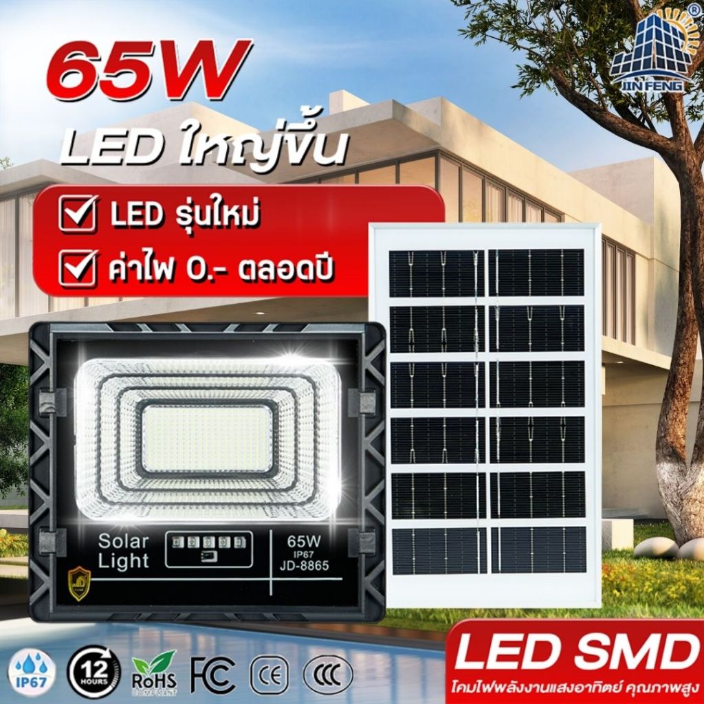 JD-8865 Solar lights โคมไฟโซล่าเซลล์ 65w พร้อมรีโมท การควบคุมแสง กันน้ำ สปอตไลท์ ไฟกลางแจ้ง ไฟสวนโซล่าเซลล์ ไฟติดสนาม