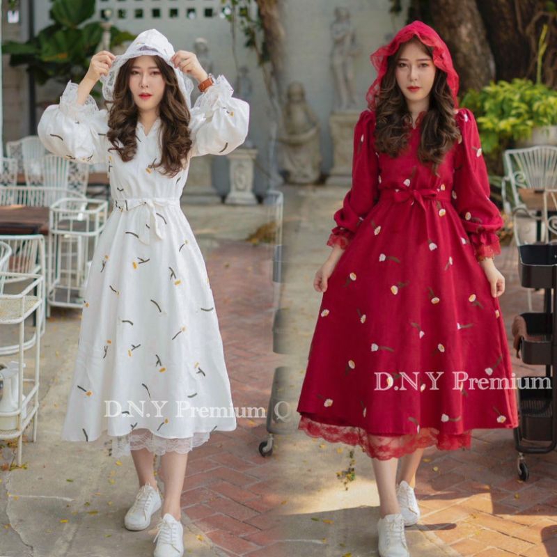 เดรสฮู้ดรับลมหนาว!!! M-2XL Maxi Dress เดรสสีขาว,เดรสแดงมีหมวกผ้าลูกฟูกปักดอกไม้+สายผูกเอว งานป้าย DN
