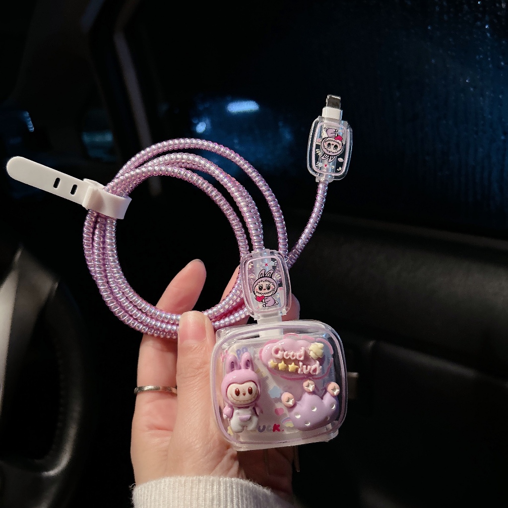 พร้อมส่งจากไทย ลาบูบู้ม่วง ชุดพันสาย เคสหัวชาร์จ ลายการ์ตูน ตัวถนอมสาย USB 20w 18w 35W
