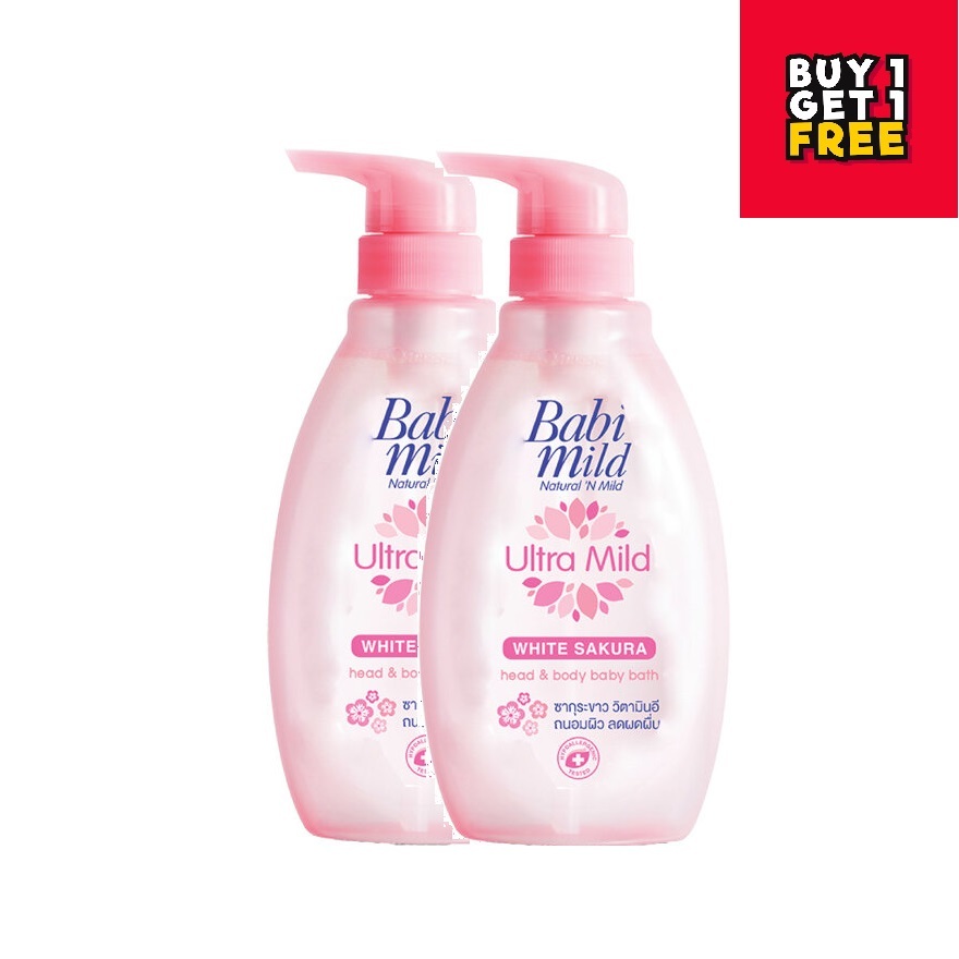 BABI MILD เบบี้มายด์ ผลิตภัณฑ์อาบน้ำและสระผม ไวท์ ซากุระ ออร์แกนิก เฮด แอนด์ บอดี้ เบบี้ บาธ 380 มล. 1 แถม 1