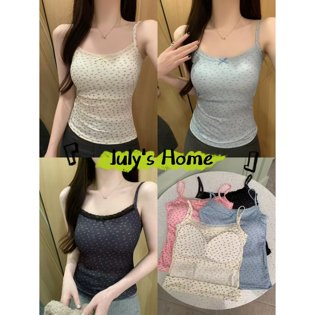 สายเดี่ยวครอป เสื้อสายเดี่ยว พร้อมฟองน้ำ มีจีบด้านข้าง ทรงเข้ารูป ลายดอกไม้ #J2255