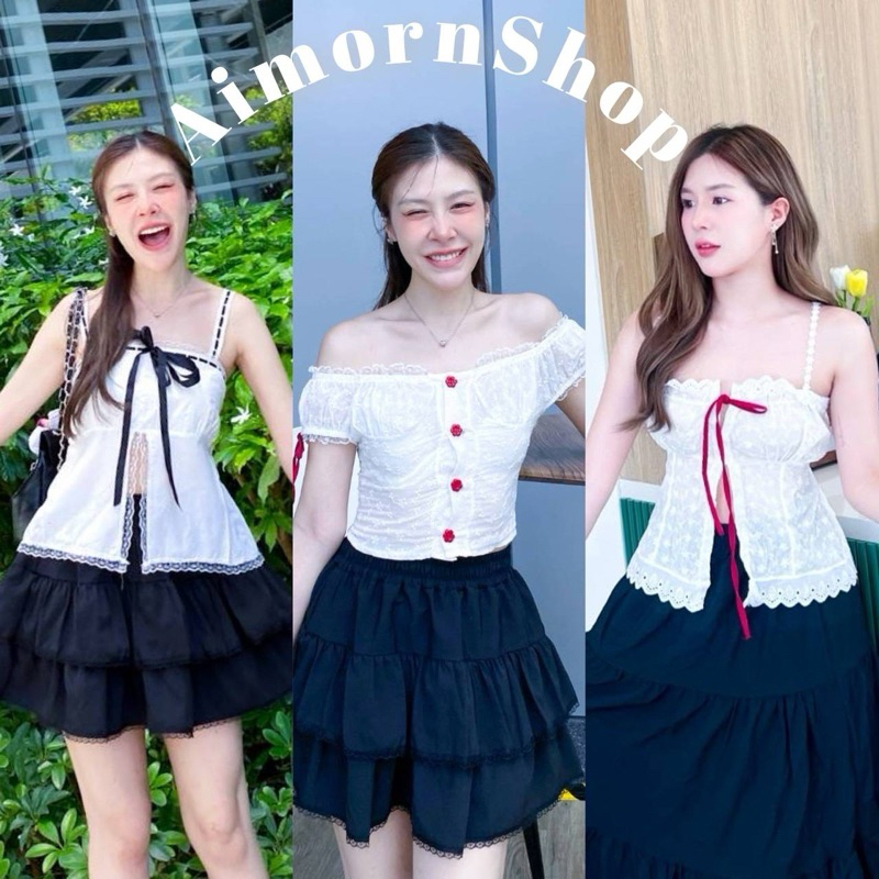 aimorn_shop เสื้อสายเดี่ยว ผ่าหน้า สายลูกไม้สอดริบบิ้น งานสวย ใส่แมทช์กับกระโปรง น่ารักมากก