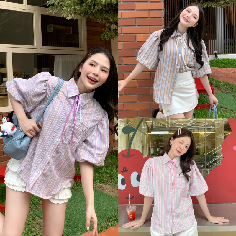 shirt คอปกผูกริบบิ้น แขนบอลลูน