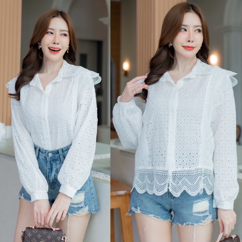 พร้อมส่ง เสื้อเชิ้ตคอปกลูกไม้ผ้าลูกไม้ปักฉลุทั้งตัว