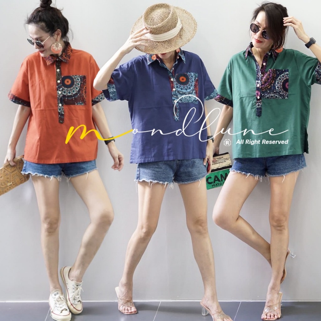 📍มีบริการส่งด่วน🍒✨อย่าลืมแวะเข้ามาเก็บโค้ดส่วนลดกันนะคะ 💥🌺NADA57 MondLuneCloth   เสื้อเบลาส์ คอปกเฃิ้ต เเขนสั้น