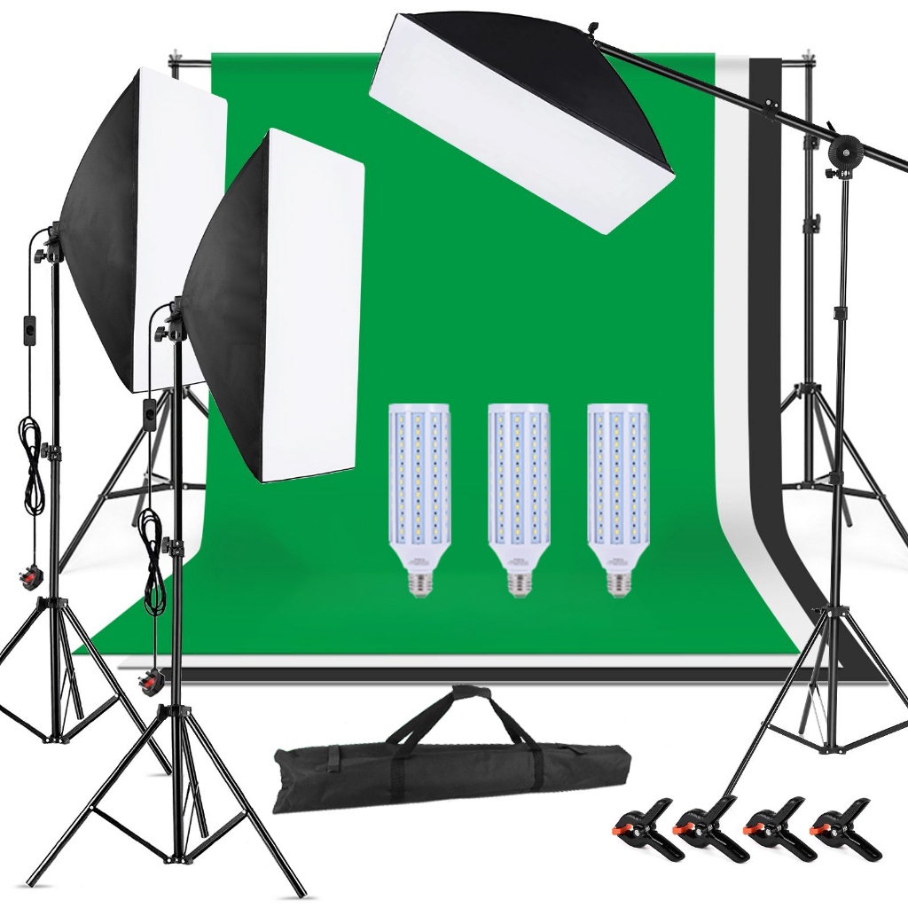 Photo Video Studio Softbox Lighting Kit 60W/80W ไฟถ่ายรูป ไฟไลฟ์สด ไฟสตูดิโอ & ฉากถ่ายรูป 2x2m ผ้าฉากหลัง 2x3m