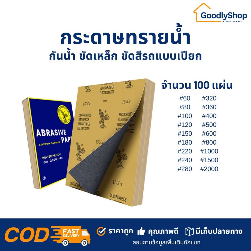 กระดาษทราย กระดาษทรายขัดน้ำ กระดาษทรายขัดโลหะ (1แพ็ค/100แผ่น)