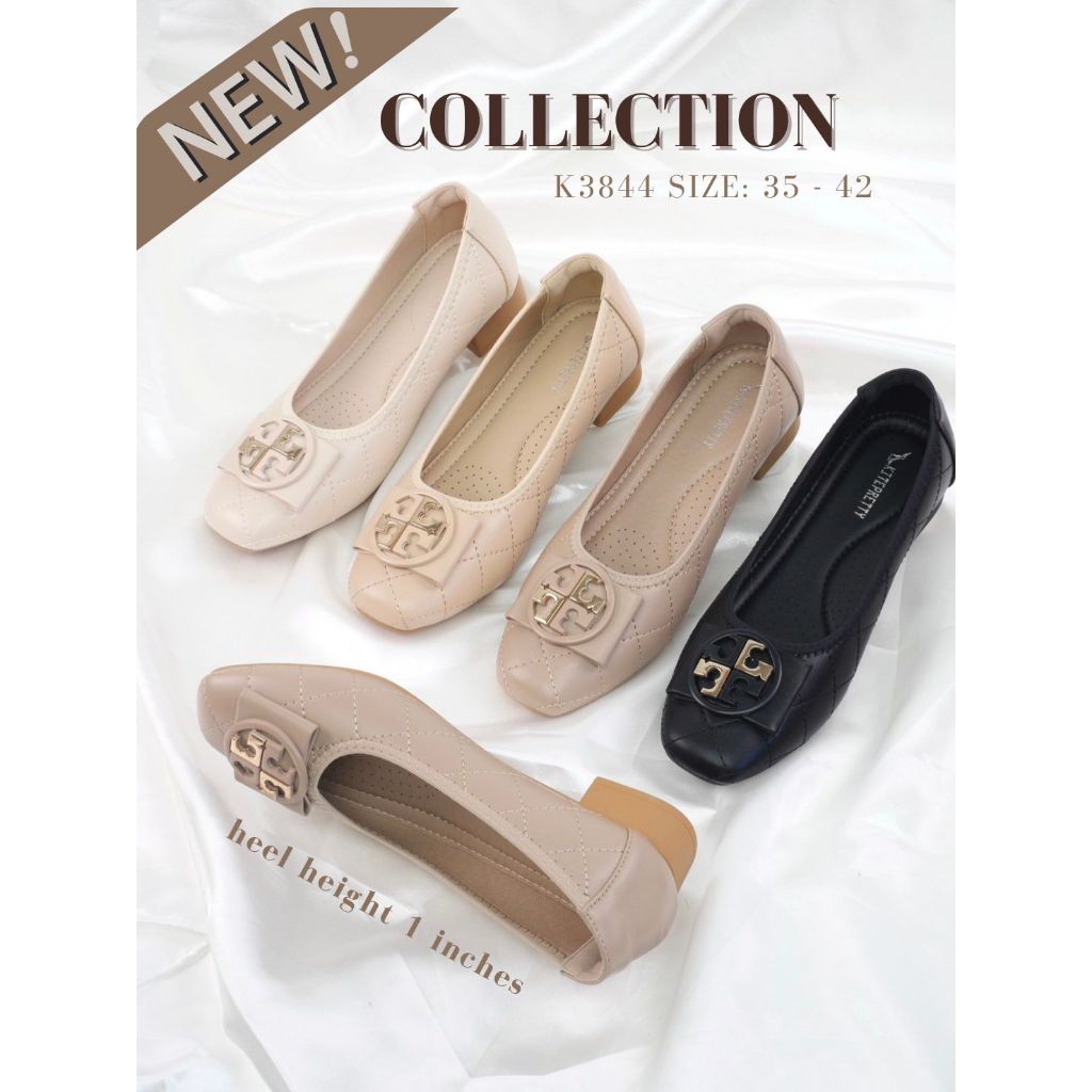 K3844 รองเท้าคัทชู หน้าประดับอะคริลิก ส้นก้อนสูง 1 นิ้ว