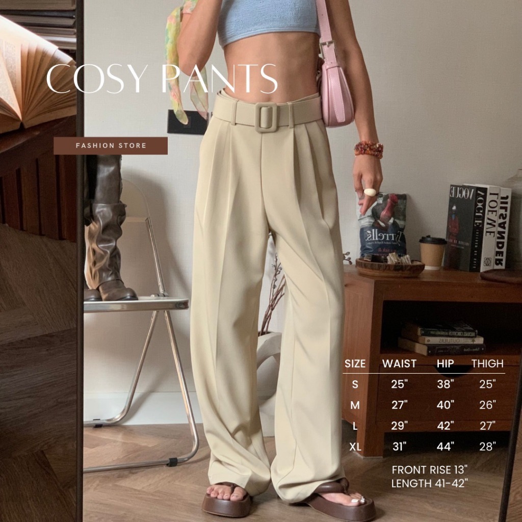Fashionstore-Cosy pants-กางเกงขายาว สีพื้น แถมเข็มขัด(พร้อมส่ง)