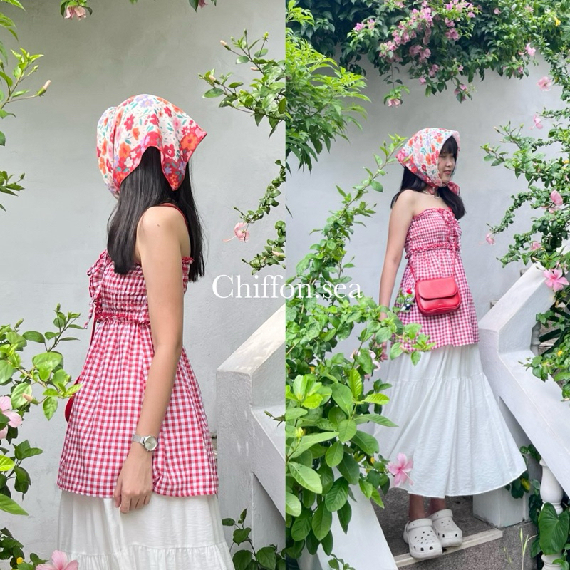 Chiffon.sea | Rose tube top เกาะอกยาวลายสก็อตแดง