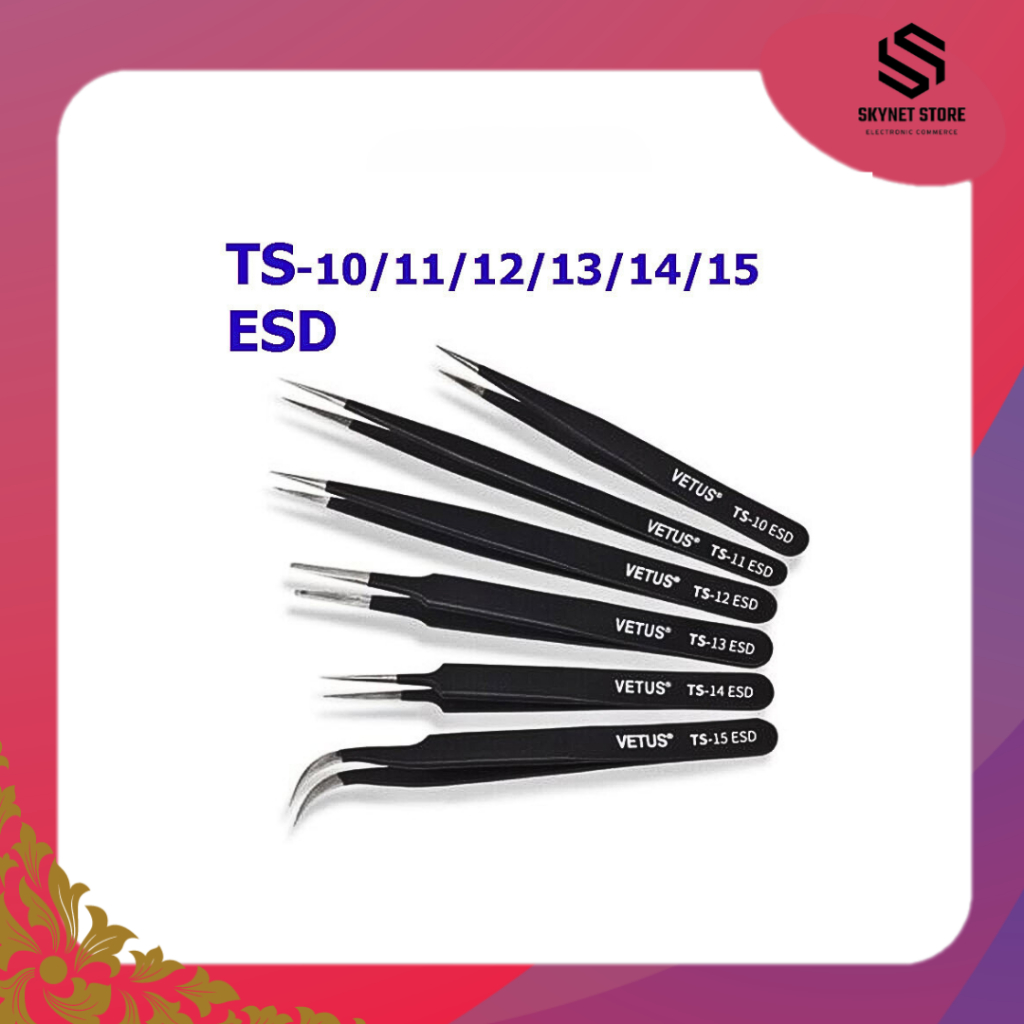 Vetus Tweezers(แหนบ) TS-10-11-12-13-14-15 ESD Stainless Steel Anti-static Tweezer Set for Electronic