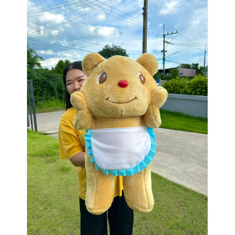 หมีเนย ขนาดกลาง70cm ผ้าขนนุ่ม พร้อมส่งในไทย ผ้ากันเปื้อนคละสี ฟ้า/แดง