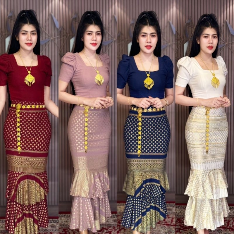 เชตเสื้อคอเหลี่ยมพื้น+หางปลายาว2ชั้น แถมเข็มขัด#ชุดไทยประยุกต์#ชุดไทยสกินนี่#ชุดงานบวช#ชุดงานแต่ง