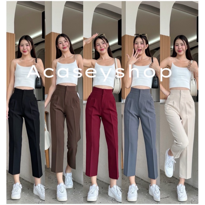 Acaesy กางเกงขายาวผู้หญิง 8ส่วน ฝากระเป๋าหลัง เป็น2จีบ ขากระบอกเล็ก ยาว35นิ้ว