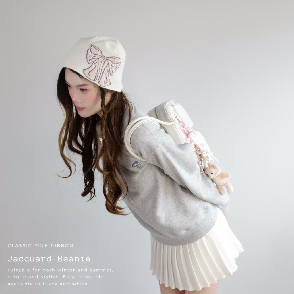 AWESOMESIDEKICK_Ribbon Jacquard Beanie หมวกไหมพรมทอลาย