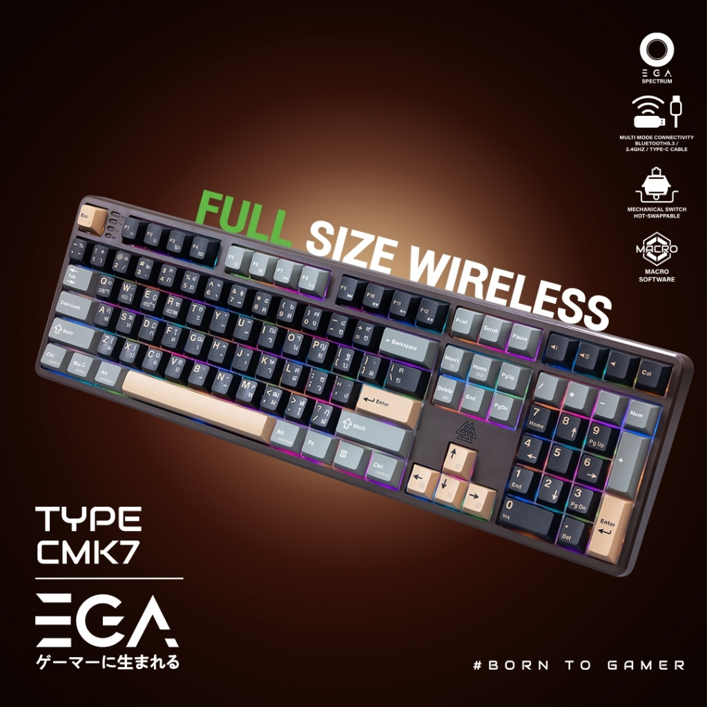 [รับประกัน 2 ปี] EGA คีย์บอร์ดเกมมิ่ง TYPE CMK7 เชื่อมต่อBT, wireless,สาย Mechanical Full  RGB CIY Switch 5 Pin ขนาด100%