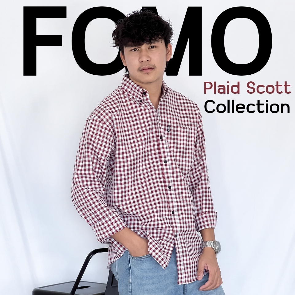 Fomo-เสื้อเชิ้ตแขนยาวลายสก๊อต สีดาร์กเรด (แดงเลือดหมู)