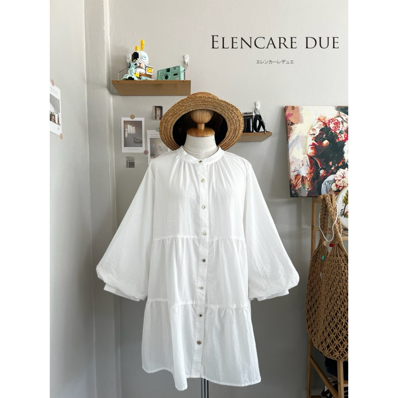 W80 🤍  " ELENCARE DUE " มินิเดรสทรงขนมชั้น คอจีน แขนสามส่วนพองๆปลายแขนมีกระดุม ผ้าบางพริ้วๆ น่ารักกก