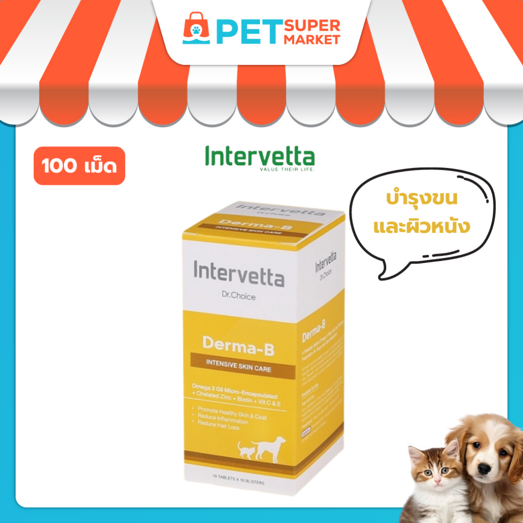 [100 เม็ด] Dr.Choice Derma-B อาหารเสริมบำรุงผิวหนัง บำรุงขน สุนัข แมว (สีเหลือง)
