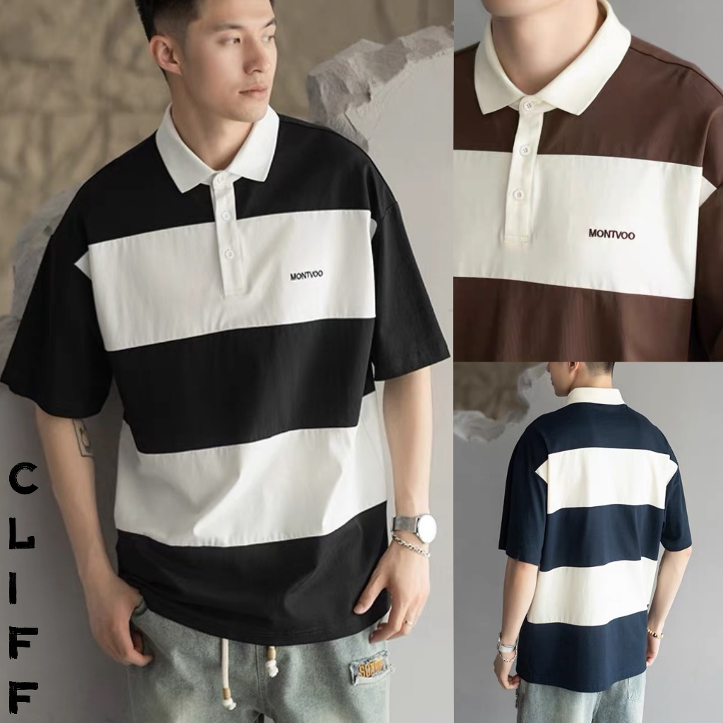 CLIFF เสื้อโปโลผู้ชาย ลายทาง เย็บติดกัน ลำลอง แบบหลวม ชุดคู่รัก แขนสั้นคอปก