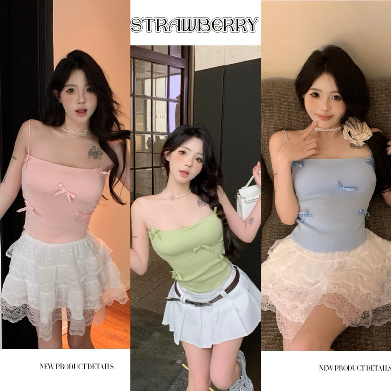 STR พร้อมส่ง เสื้อสายเดี่ยวไหมพรมผู้หญิง แถมฟองน้ำด้วย เสื้อครอป ดีเทลติดโบว์น่ารักมากเข้ารูป แมทส์ง่าย สไตล์เวียดนาม