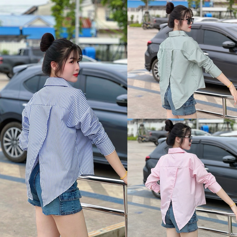 Sunny เสื้อเชิ้ตลายริ้วผ่าหลัง 6สี เสื้อเชิ้ตแขนยาวลายทาง ดีเทลผ่าหลังเก๋สุดๆ