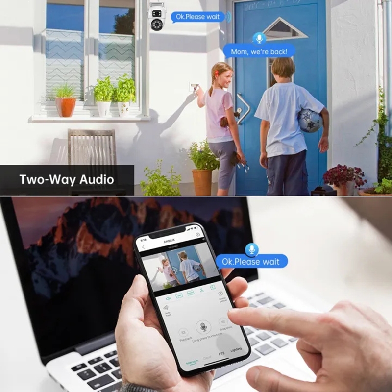 GUOANVISION 8MP 4K WiFi IC see กล้องวงจรปิดไร้สายกลางแจ้งความปลอดภัยกันน้ำป้องกันหน้าจอเลนส์คู่สี Night Vision