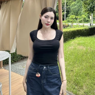เสื้อครอป ทรงแขนเต่อ ผ้ายืดยูนิ 😻 คอเหลี่ยม ช่วยพรางหุ่นสุด สาวอวบใส่ได้ พร้อมส่ง รุ่น น้ำพริก