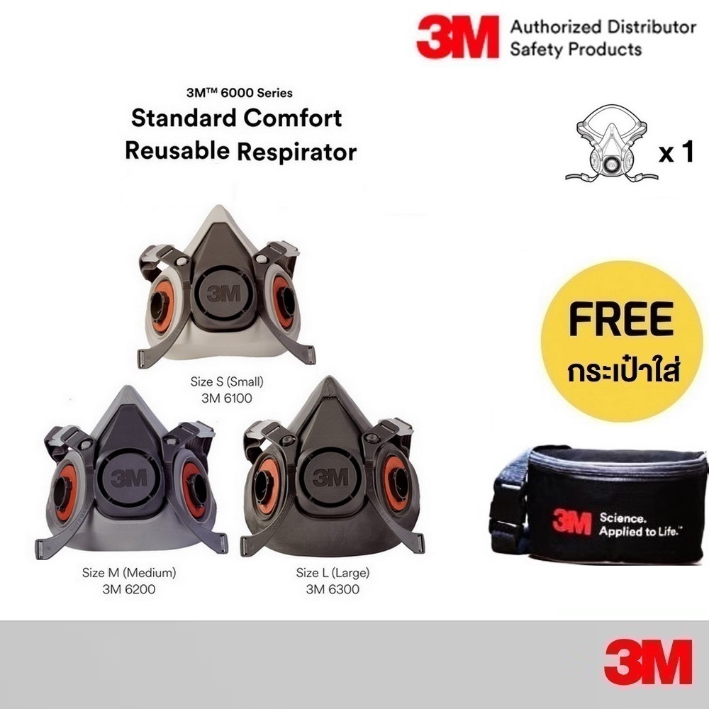 3M หน้ากากครึ่งหน้าชนิดไส้กรองคู่ 6100 Small 6200 Medium 6300 Large กันสารเคมี (เฉพาะมาส)