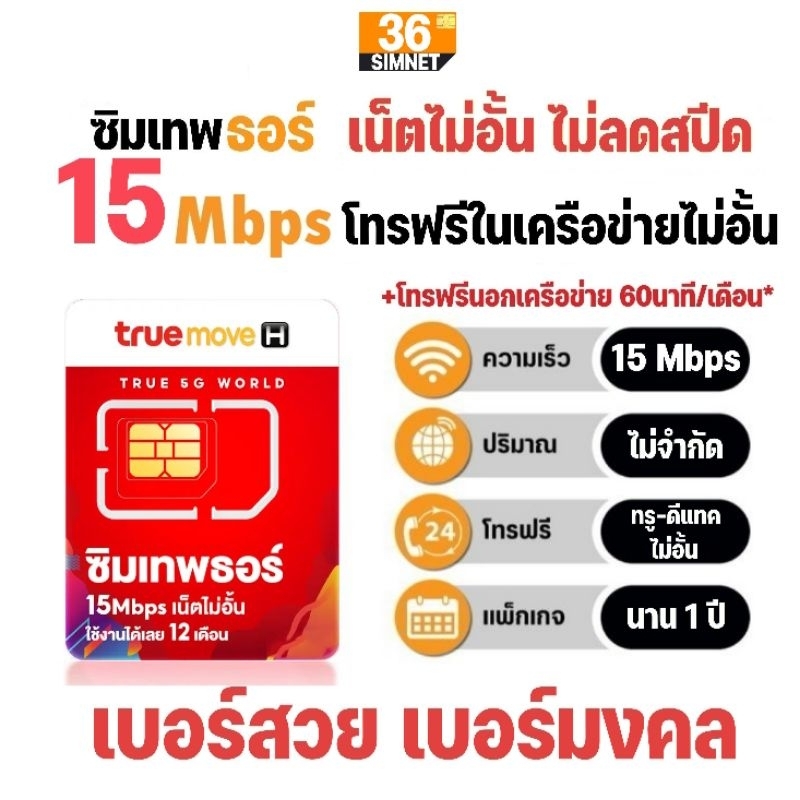ซิมเทพทรู ไม่ลดสปีด​ เน็ตความเร็ว 15Mbps ไม่อั้น​ + โทรฟรี​ ทรู-ดีแทค นาน​ 1 ปี #เลือกเบอร์สวย​ เบอร์มงคล