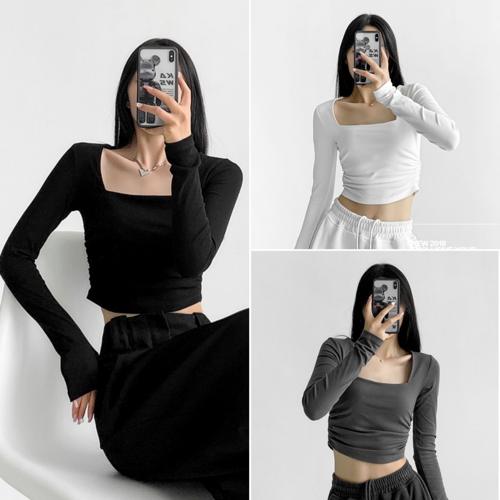 cherryshop🍒พร้อมส่ง เสื้อยืดแขนยาวผู้หญิง เสื้อยืดซินเทจ ดีไซน์จีบด้านข้าง ผ้ายืดรูปทรงสวย คอเหลี่ยม