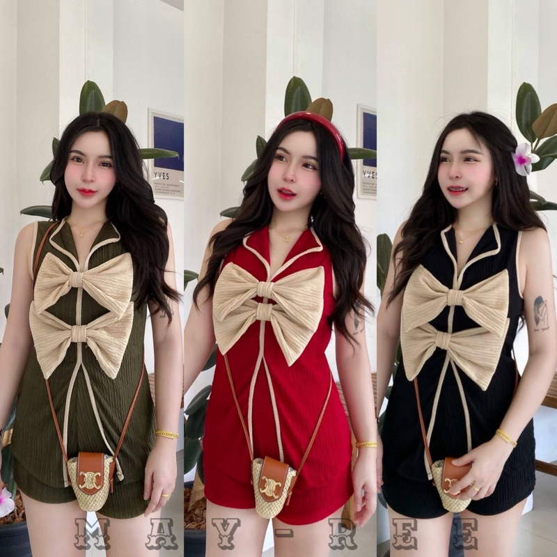 J22ชุดเซตแขนกุด2โบว์+กางเกงขาสั้น(ผ้าท็อฟฟี่)4สี