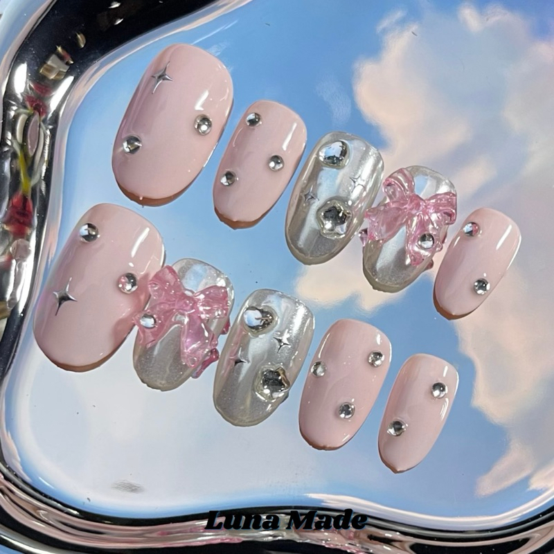LUNAMADE  🌸 เล็บเจลปลอมสำเร็จรูป เจลแท้ ลายเกาหลี น่ารัก  โทนชมพู  🌸 กรุณาวัดไซส์ก่อนสั่ง