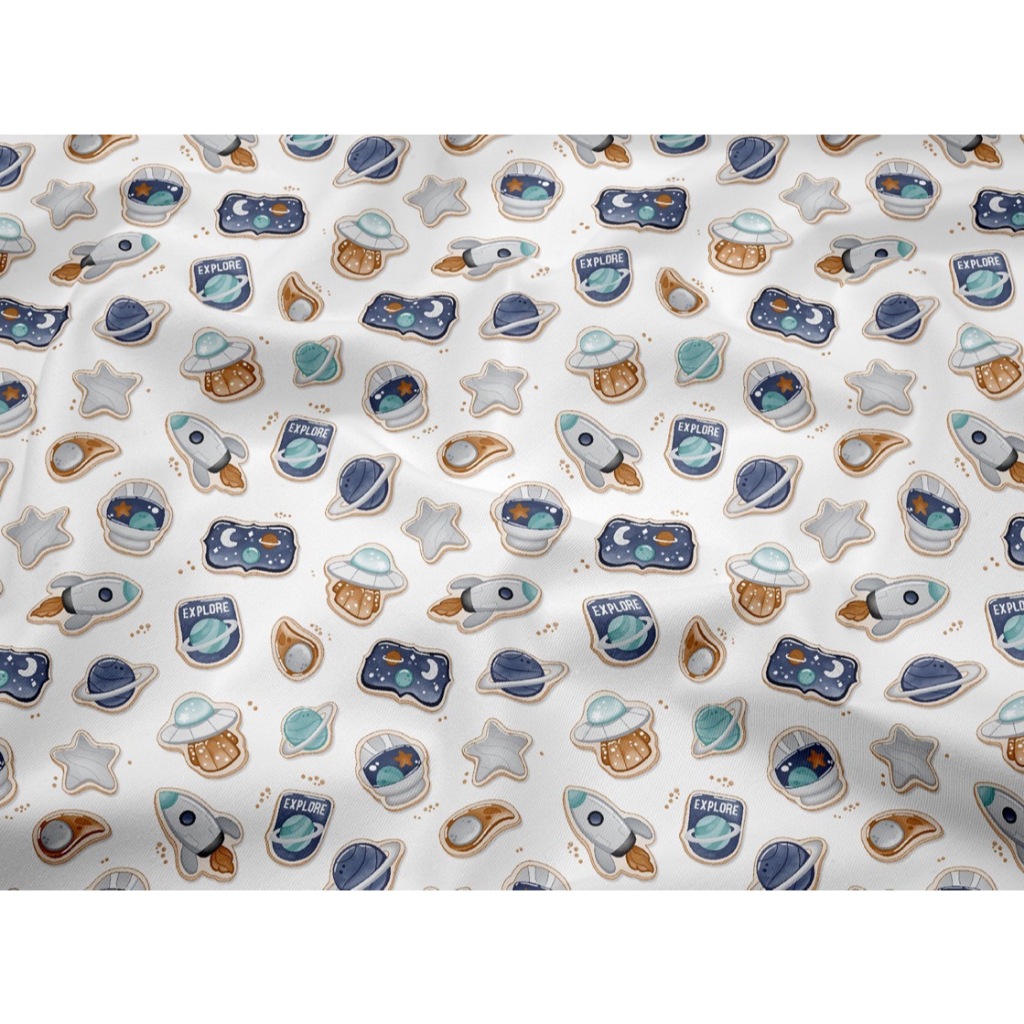 ผ้าาคอตตอน 100% คอตตอนทอทวิล ผ้าหน้ากว้าง 1.6 เมตร ลายอวกาศ คลื่นน้ำเงิน