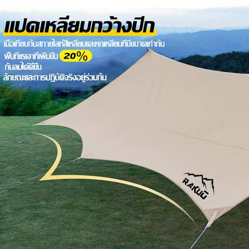 RAKUNO ฟลายชีท​ ผ้าใบ 4x6 3x4 3x3 ฟรายชีท อุปกรณ์ครบชุด กันแดด กันฝน เต้นท์แคมปิ้ง พร้อมเสา2ต้น อุปกรณ์เดินป่าตั้งแคมป์ thumbnail 10