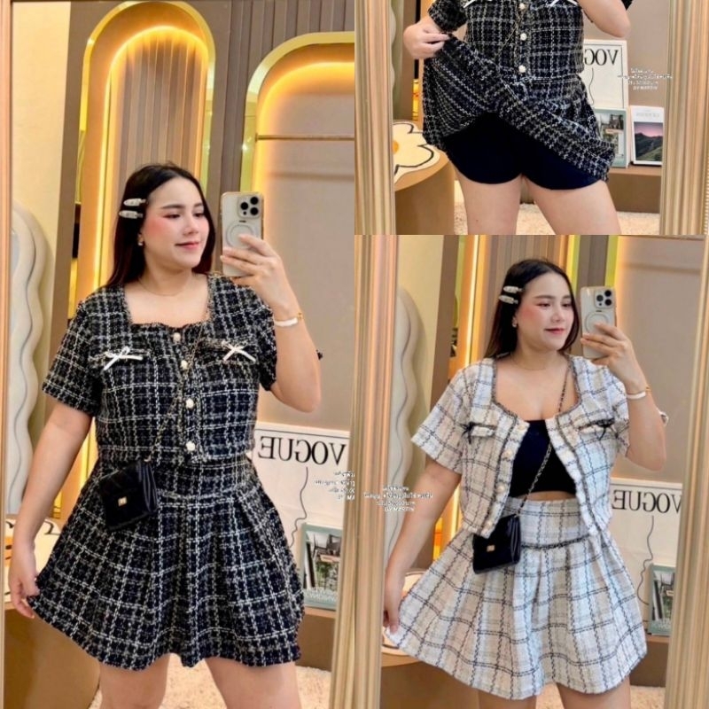 เซตเสื้อทวิตคอเหลี่ยมโบว์+กระโปรงจีบ