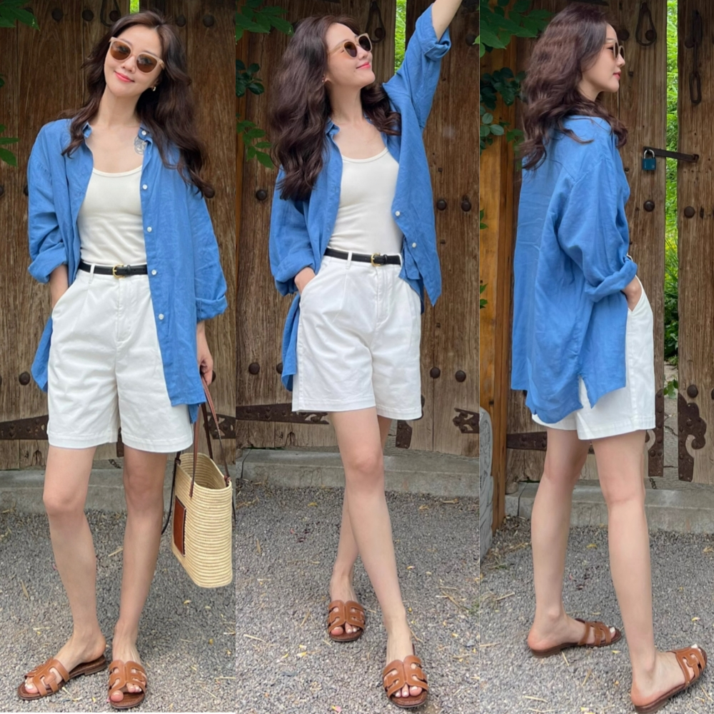 MCB5034 ใหม่เสื้อผู้หญิงเกาหลีคอปกสไตล์สาวอ๊อฟฟิตเชิ้ตแขนยาวทรงหลวม สีฟ้า ฟรีไซส์ เรียบง่าย อก40 พร้